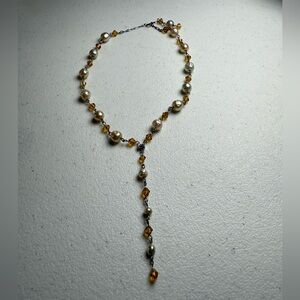 Vampy Lariat Pearl and Amber Necklace w/ VTG Emerald Cut Rhinestone in Center